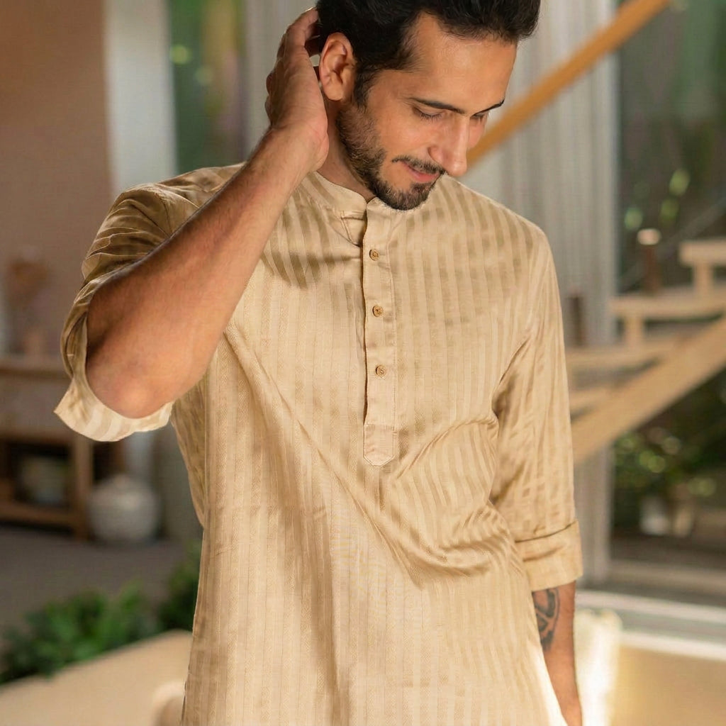 The Warm Sand Short Kurta with Self Stripe Work