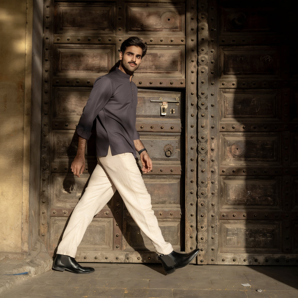 The Midnight Navy Striped Stretchable Short Kurta