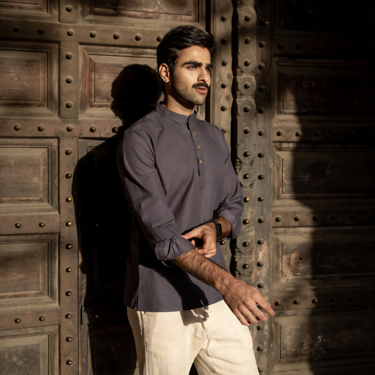The Midnight Navy Striped Stretchable Short Kurta