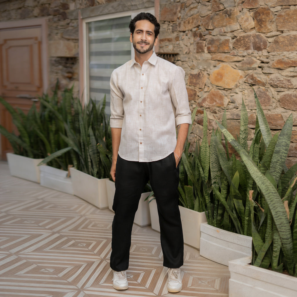 The Solid Beige Yarn Dyed Full Sleeves Shirt