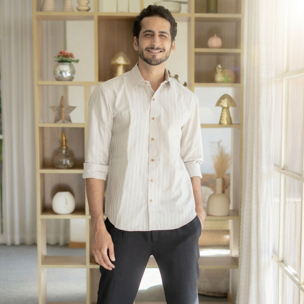 The Stone Grey Full Sleeves Shirt with with Self Stripe Work