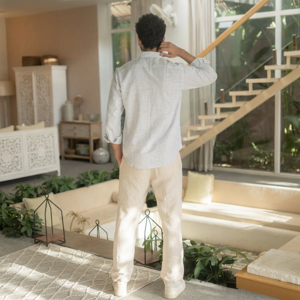 The Off White Yarn Dyed Full Sleeves Shirt with Blue Weave Design