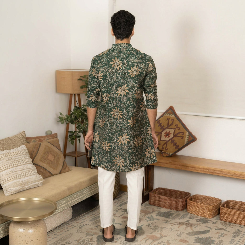 The Dark Green Golden Blossom Long Kurta