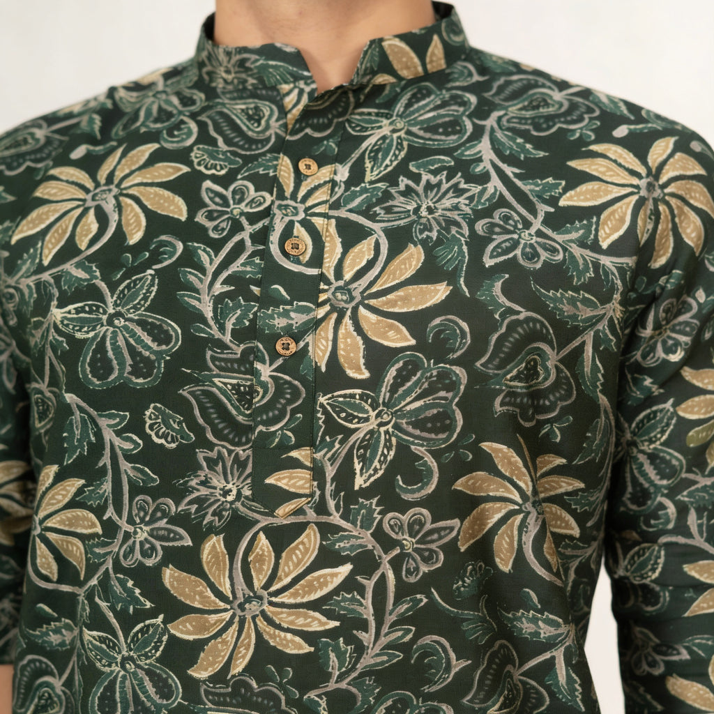 The Dark Green Golden Blossom Long Kurta