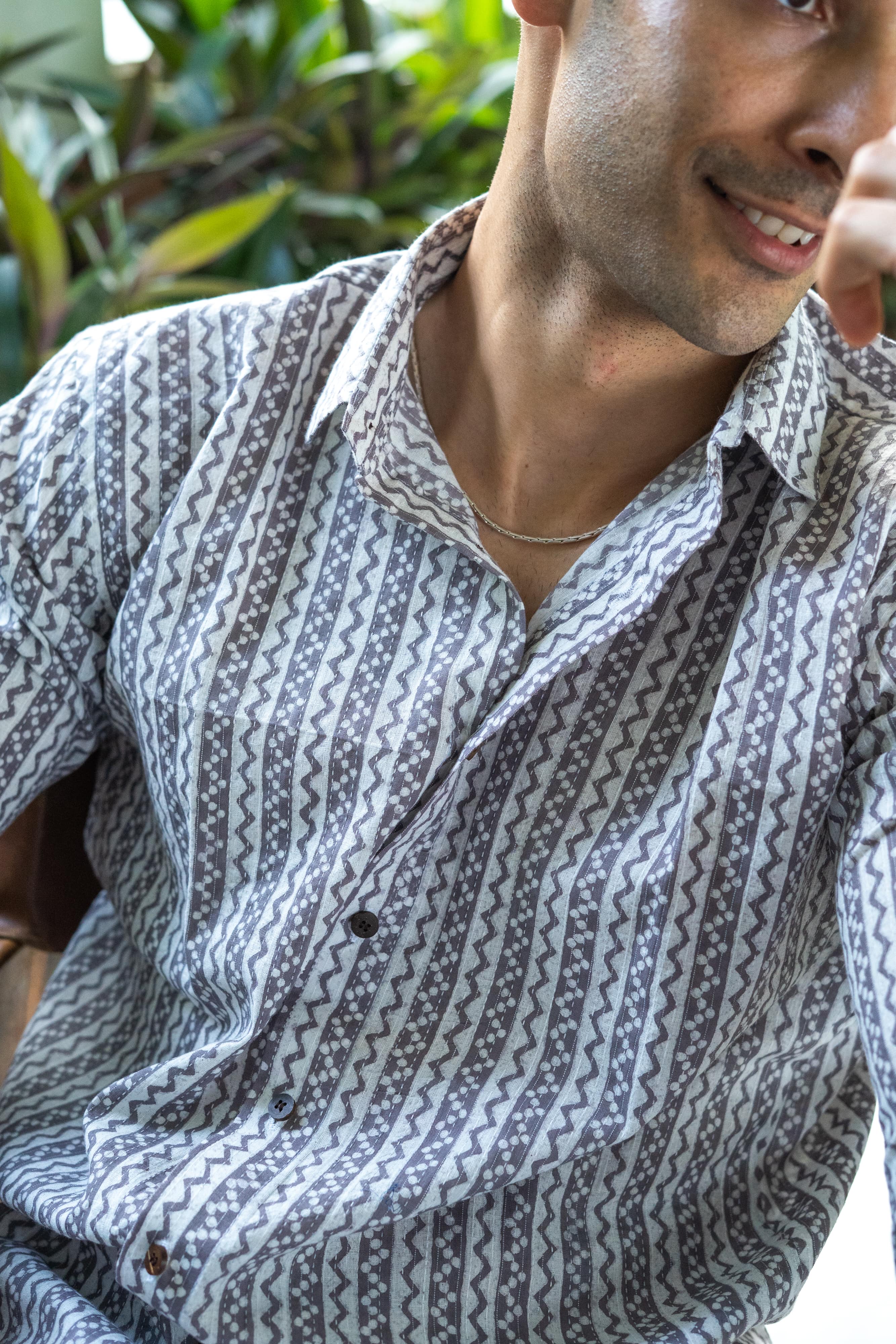 The White Kantha Work Shirt With Striped Tribal Print