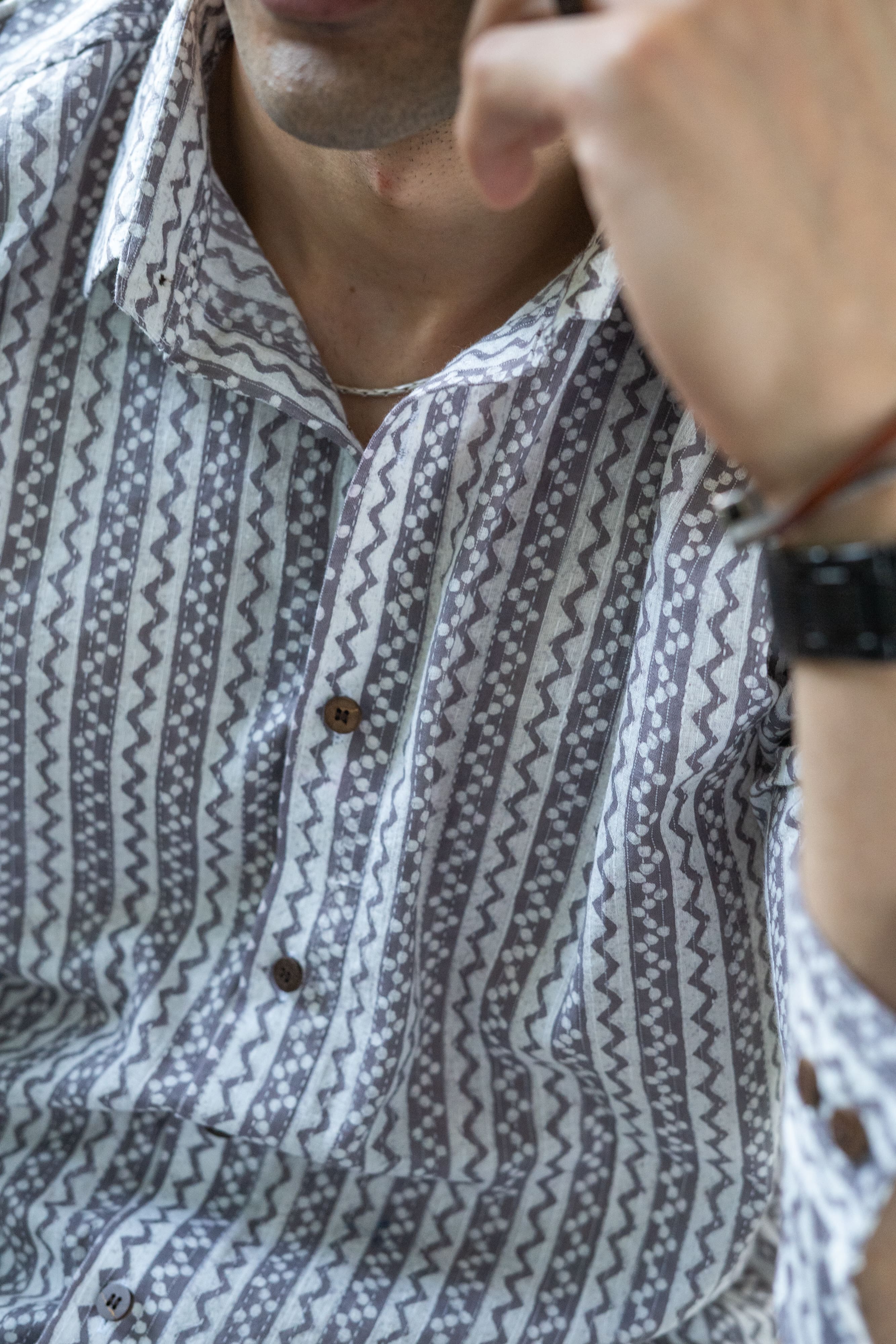 The White Kantha Work Shirt With Striped Tribal Print