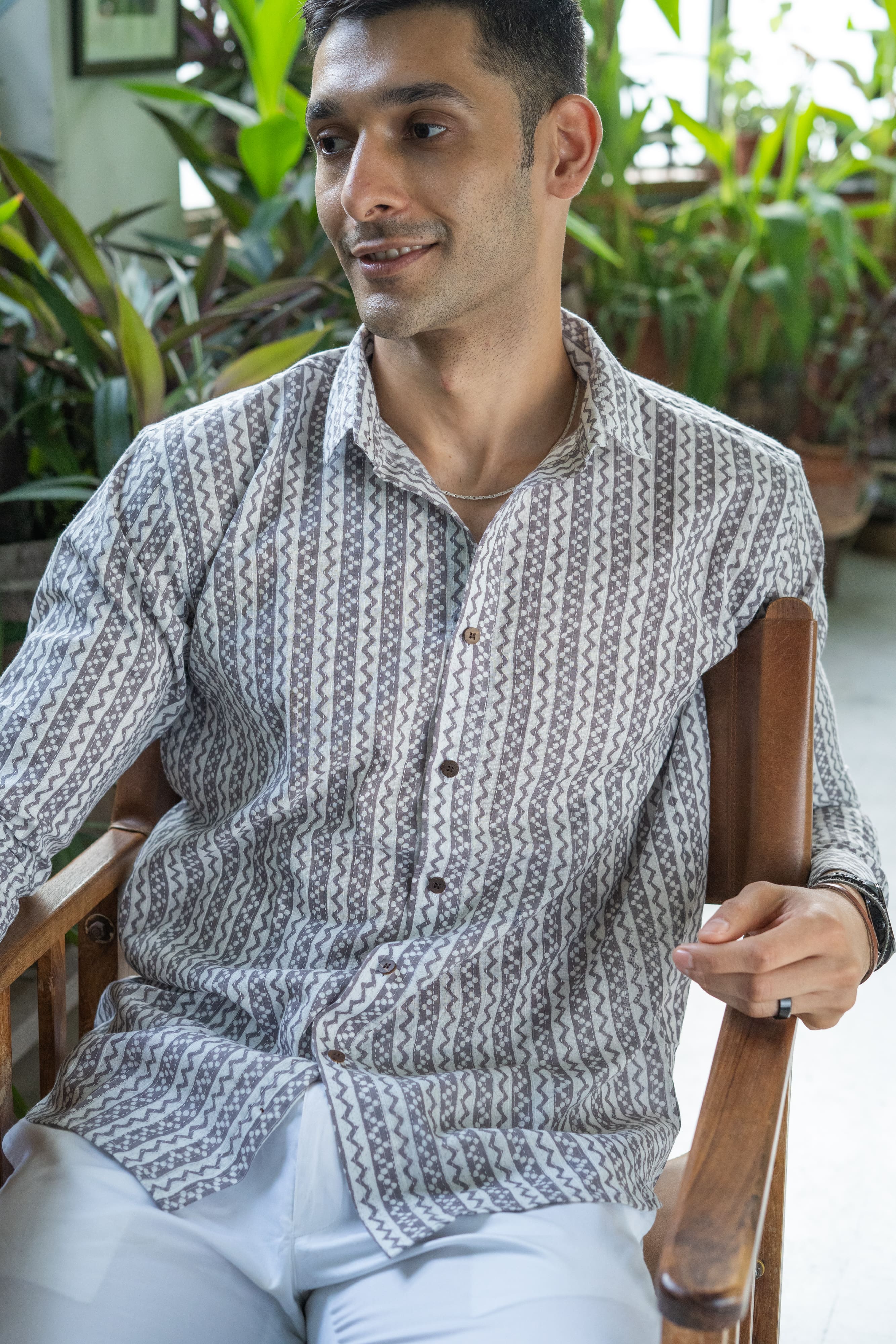 The White Kantha Work Shirt With Striped Tribal Print